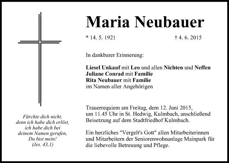  Traueranzeige für Maria Neubauer vom 10.06.2015 aus MGO