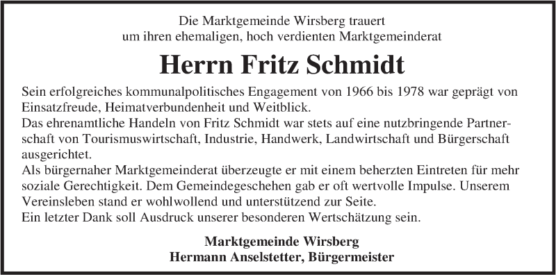  Traueranzeige für Fritz Schmidt vom 20.11.2015 aus MGO