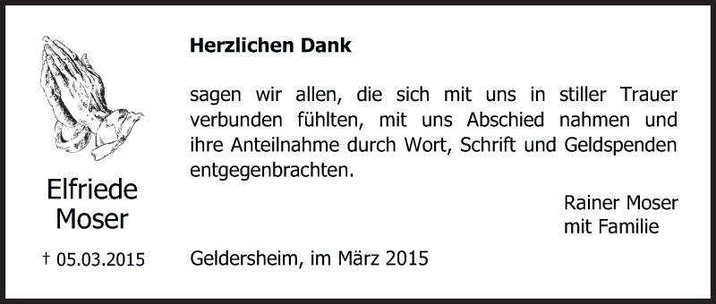  Traueranzeige für Elfriede Moser vom 21.03.2015 aus MGO