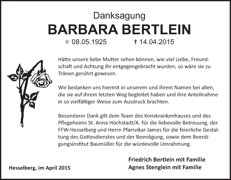  Traueranzeige für Barbara Bertlein vom 01.05.2015 aus MGO