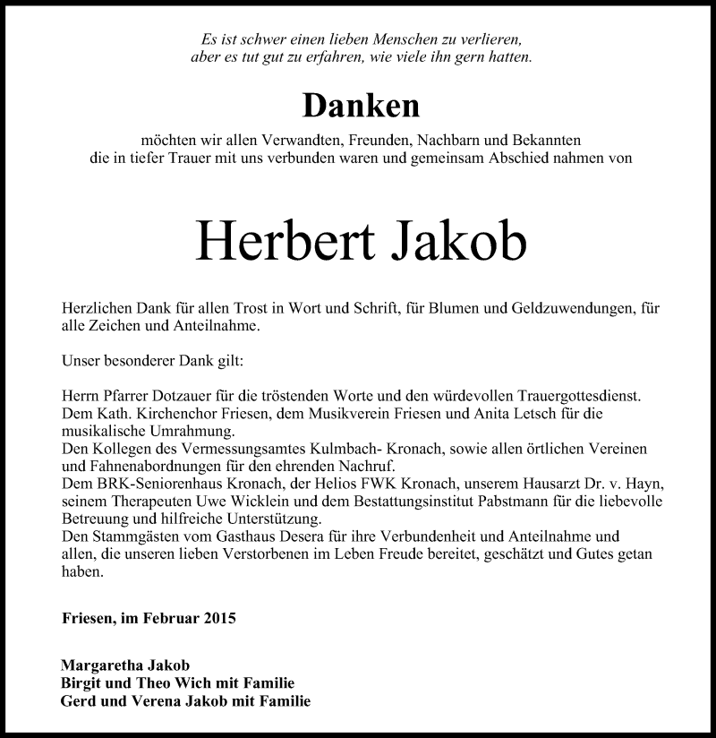  Traueranzeige für Herbert Jakob vom 07.02.2015 aus MGO