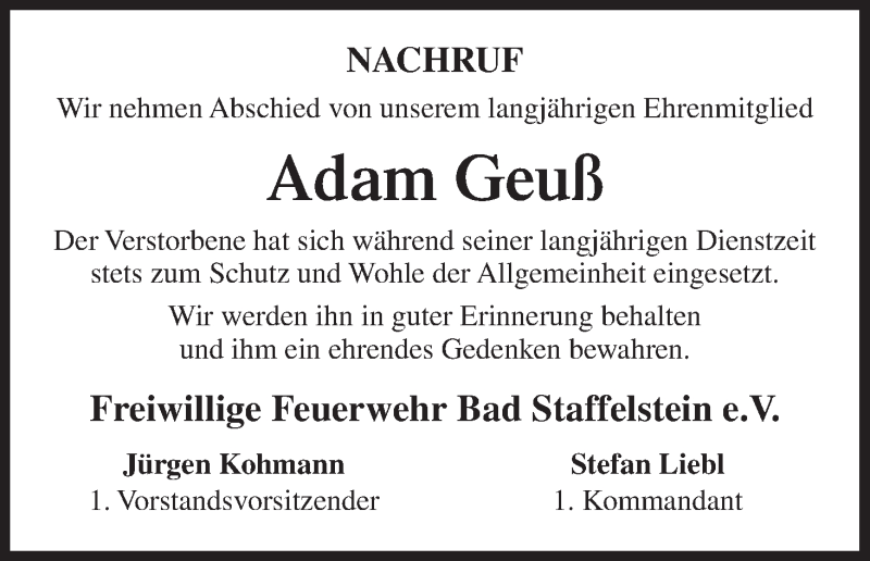  Traueranzeige für Adam Geuß vom 03.06.2015 aus MGO