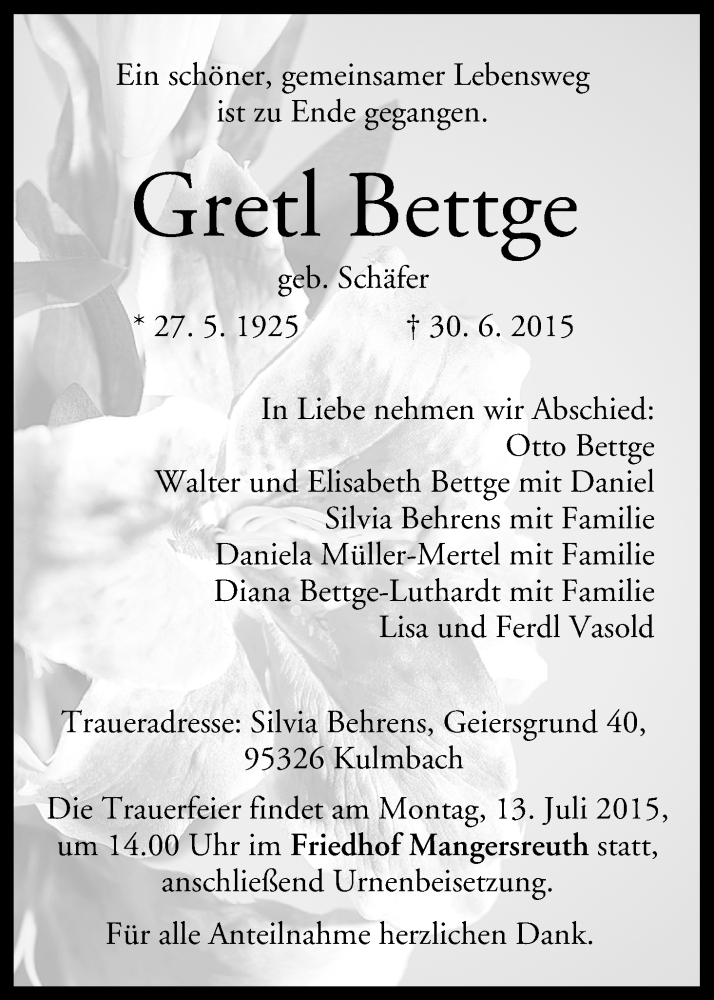  Traueranzeige für Gretl Bettge vom 11.07.2015 aus MGO