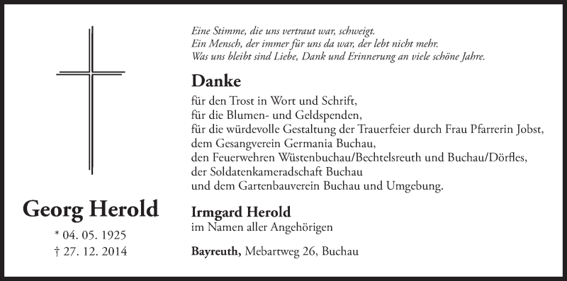  Traueranzeige für Georg Herold vom 24.01.2015 aus MGO