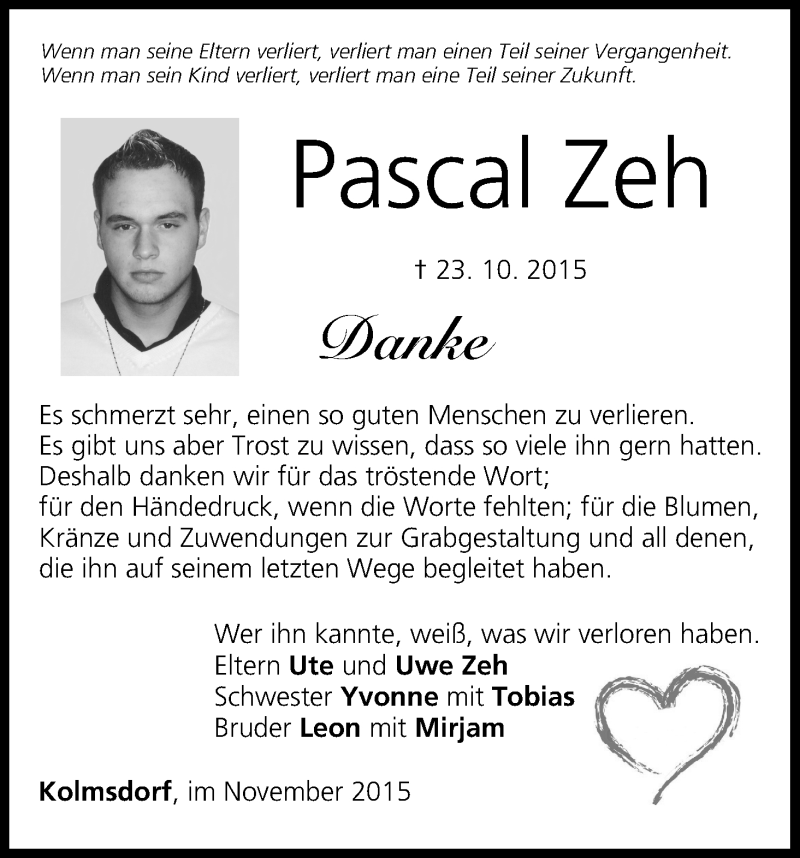 Traueranzeige für Pascal Zeh vom 07.11.2015 aus MGO