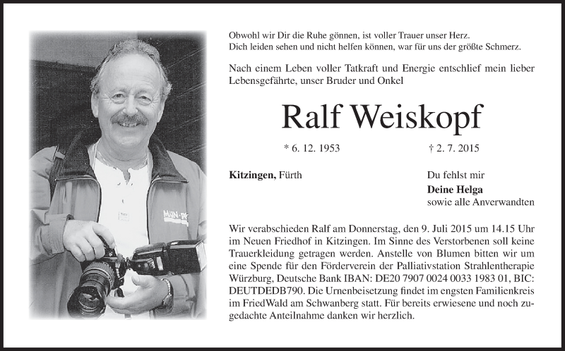  Traueranzeige für Ralf Weiskopf vom 07.07.2015 aus MGO