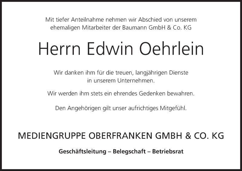  Traueranzeige für Edwin Oehrlein vom 07.03.2015 aus MGO