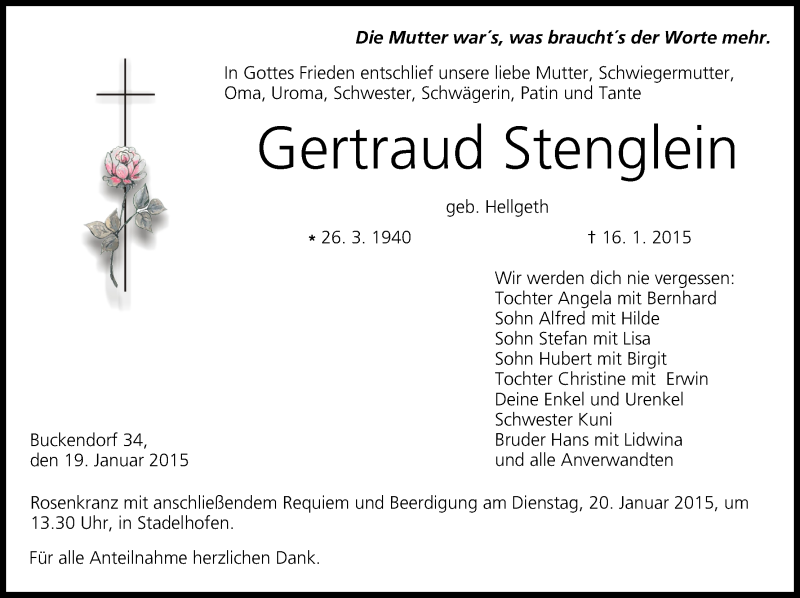  Traueranzeige für Gertraud Stenglein vom 19.01.2015 aus MGO