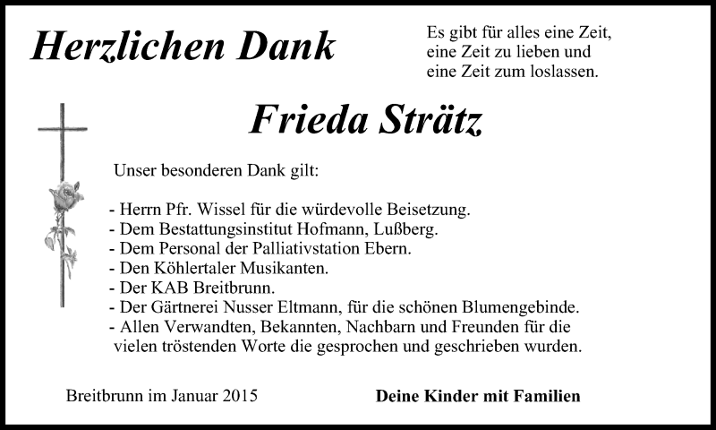  Traueranzeige für Frieda Strätz vom 31.01.2015 aus MGO