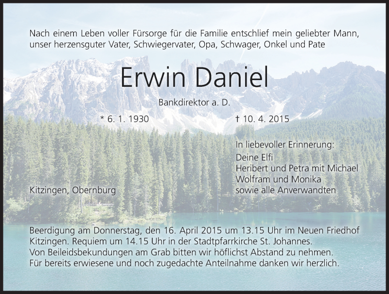  Traueranzeige für Erwin Daniel vom 14.04.2015 aus MGO