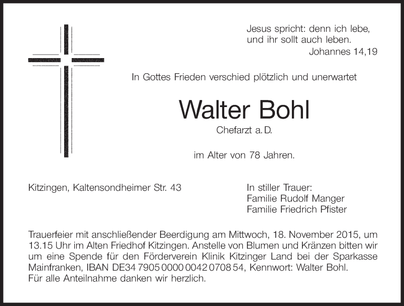  Traueranzeige für Walter Bohl vom 14.11.2015 aus MGO