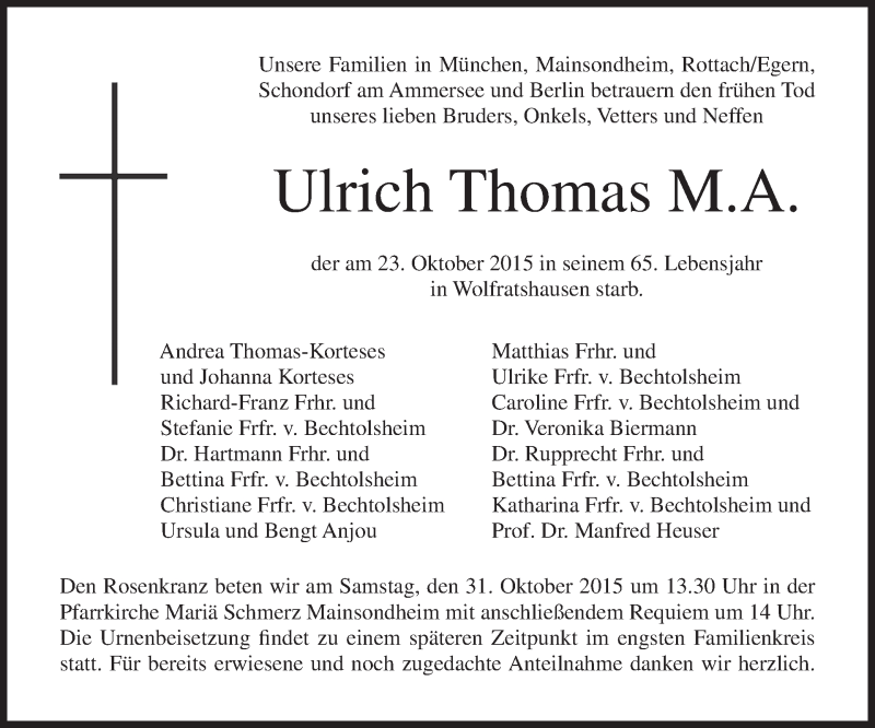  Traueranzeige für Ulrich Thomas vom 29.10.2015 aus MGO