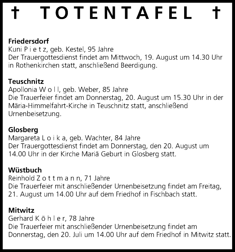  Traueranzeige für Totentafel vom 19.08.2015 vom 19.08.2015 aus MGO