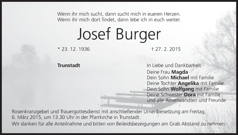  Traueranzeige für Josef Burger vom 03.03.2015 aus MGO
