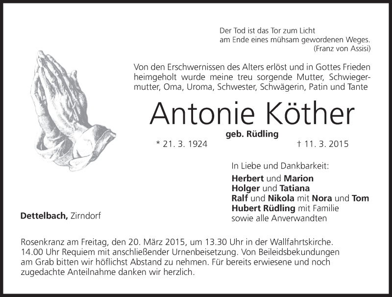  Traueranzeige für Antonie Köther vom 17.03.2015 aus MGO