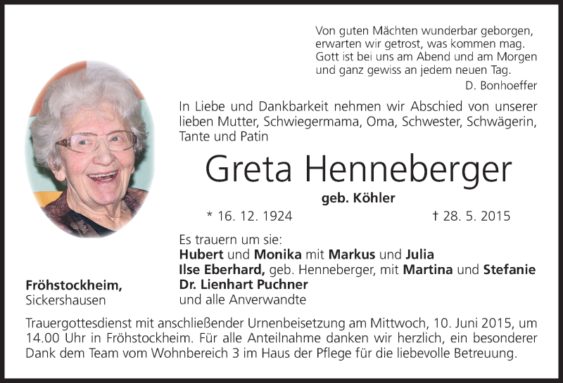  Traueranzeige für Greta Henneberger vom 08.06.2015 aus MGO