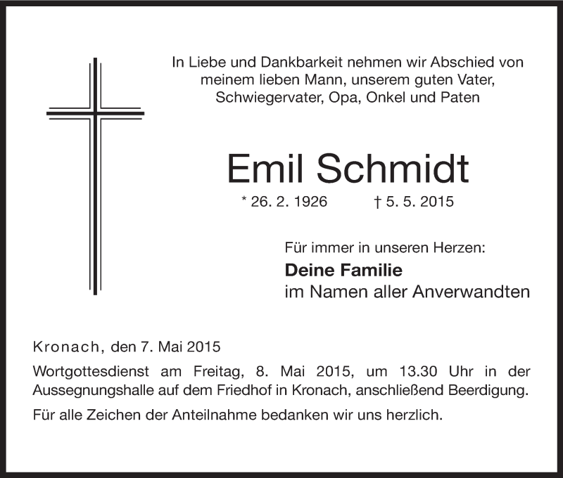  Traueranzeige für Emil Schmidt vom 07.05.2015 aus MGO