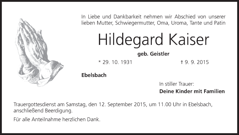 Traueranzeige für Hildegard Kaiser vom 10.09.2015 aus MGO