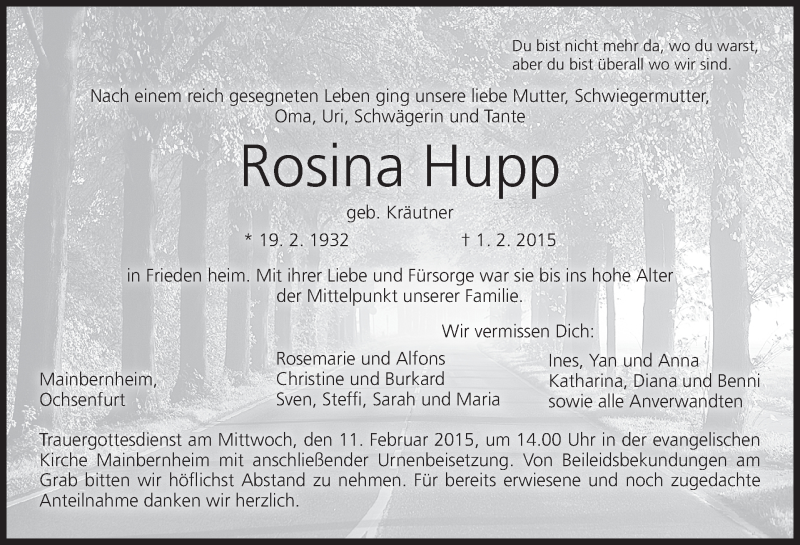  Traueranzeige für Rosina Hupp vom 09.02.2015 aus MGO