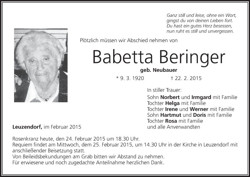  Traueranzeige für Babetta Beringer vom 24.02.2015 aus MGO