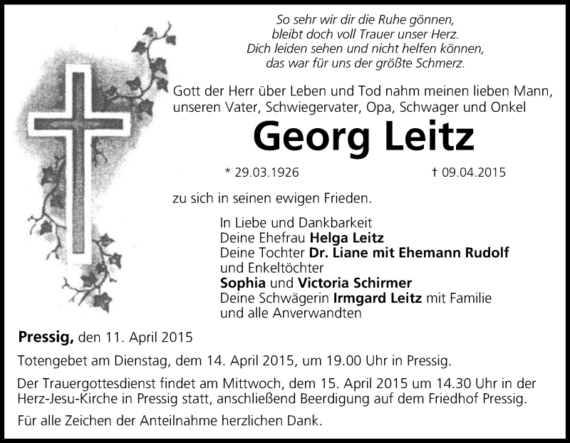  Traueranzeige für Georg Leitz vom 11.04.2015 aus MGO
