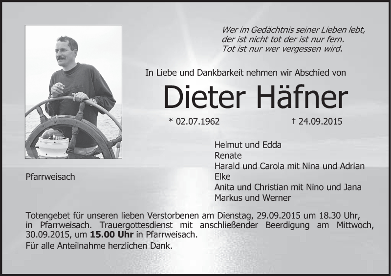  Traueranzeige für Dieter Häfner vom 26.09.2015 aus MGO