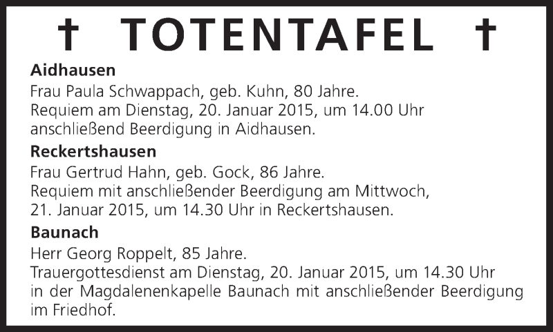  Traueranzeige für Totentafel vom 20.01.2015 vom 20.01.2015 aus MGO