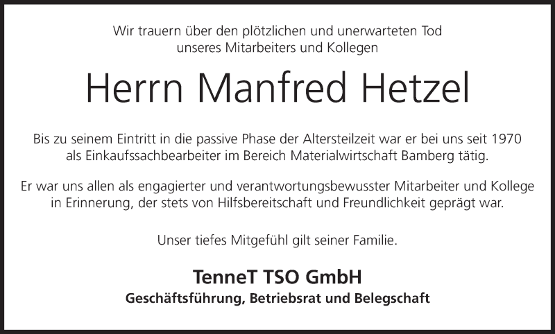  Traueranzeige für Manfred Hetzel vom 05.08.2015 aus MGO
