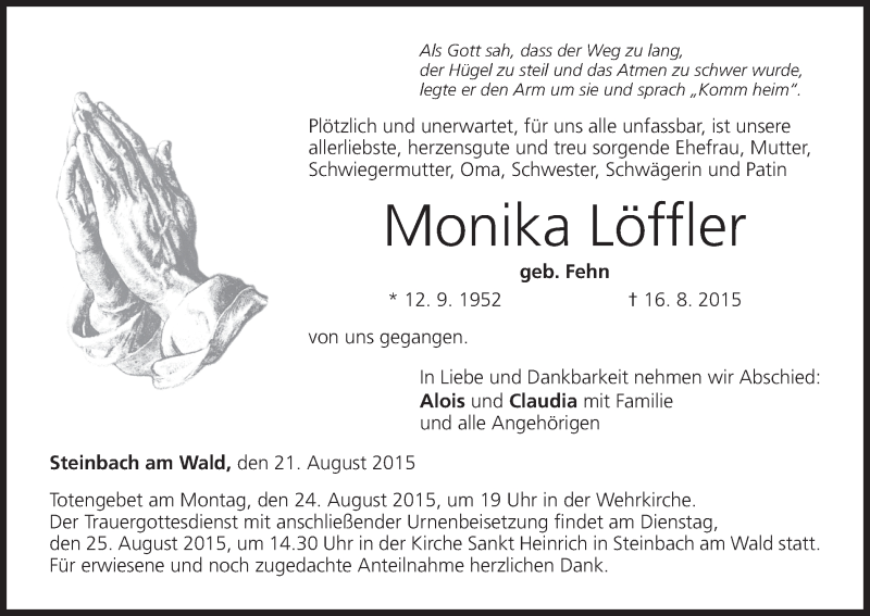  Traueranzeige für Monika Löffler vom 21.08.2015 aus MGO