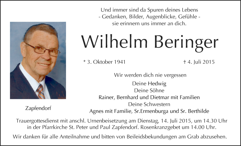  Traueranzeige für Wilhelm Beringer vom 11.07.2015 aus MGO