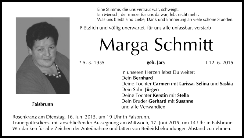  Traueranzeige für Marga Schmitt vom 15.06.2015 aus MGO