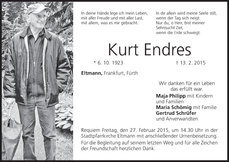  Traueranzeige für Kurt Endres vom 25.02.2015 aus MGO