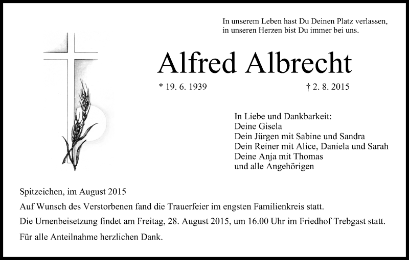  Traueranzeige für Alfred Albrecht vom 08.08.2015 aus MGO