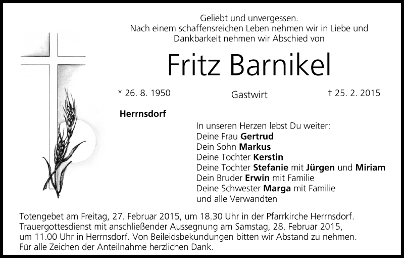  Traueranzeige für Fritz Barnikel vom 26.02.2015 aus MGO