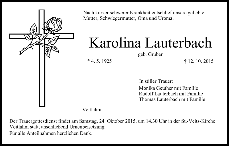  Traueranzeige für Karolina Lauterbach vom 20.10.2015 aus MGO