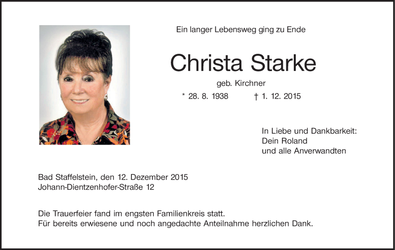  Traueranzeige für Christa Starke vom 12.12.2015 aus MGO