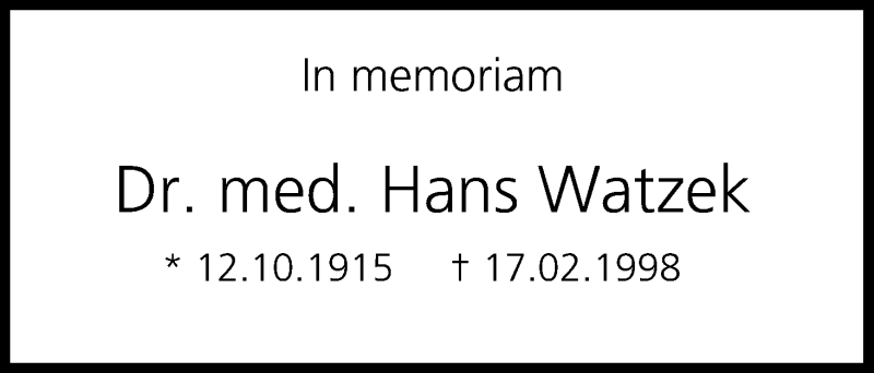  Traueranzeige für Hans Watzek vom 12.10.2015 aus MGO