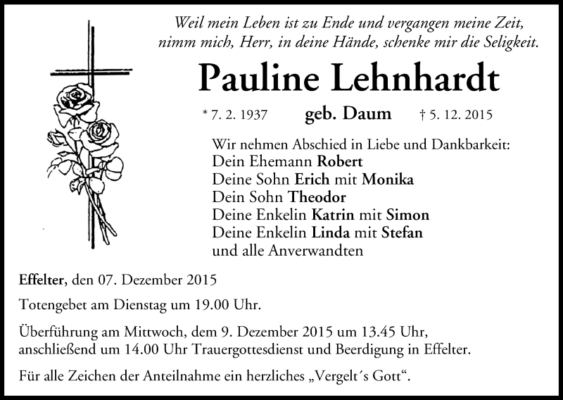  Traueranzeige für Pauline Lehnhardt vom 07.12.2015 aus MGO