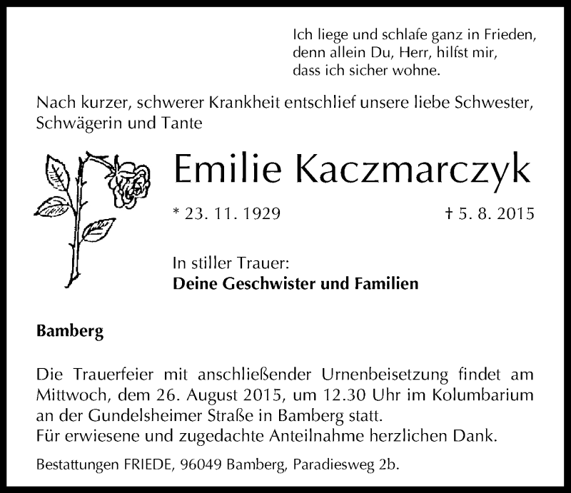  Traueranzeige für Emilie Kaczmarczyk vom 22.08.2015 aus MGO