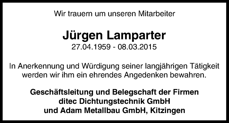  Traueranzeige für Jürgen Lamparter vom 14.03.2015 aus MGO