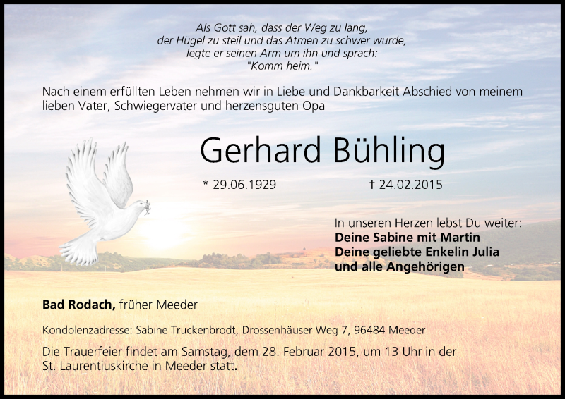  Traueranzeige für Gerhard Bühling vom 26.02.2015 aus MGO