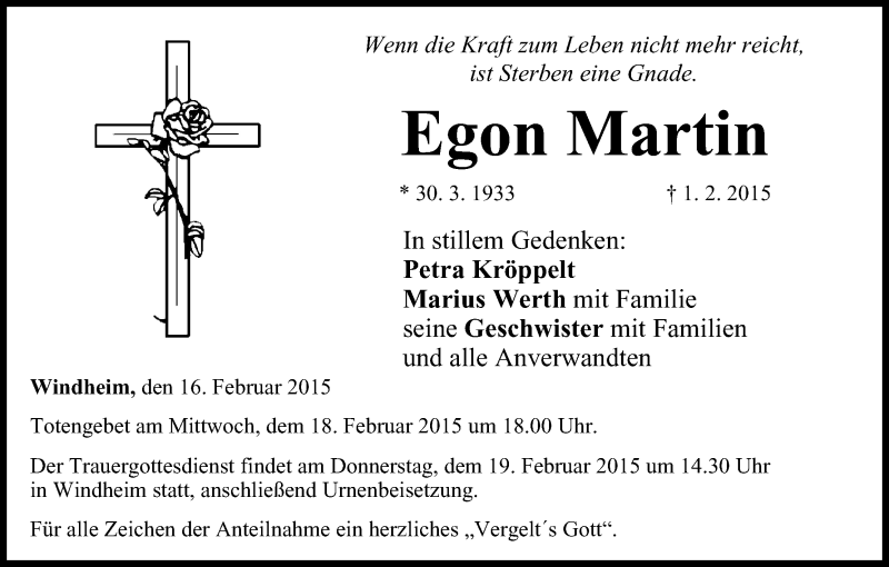  Traueranzeige für Egon Martin vom 16.02.2015 aus MGO