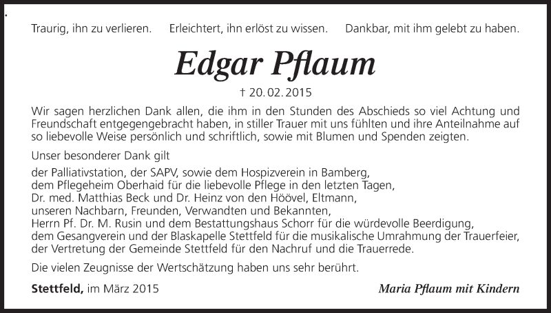  Traueranzeige für Edgar Pflaum vom 14.03.2015 aus MGO
