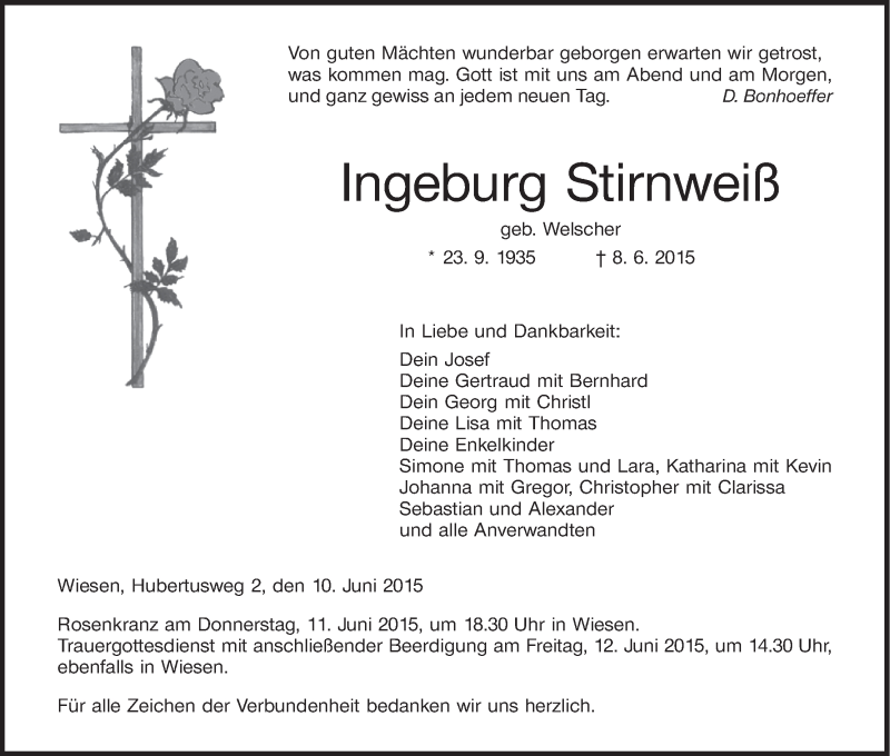  Traueranzeige für Ingeburg Stirnweiß vom 10.06.2015 aus MGO