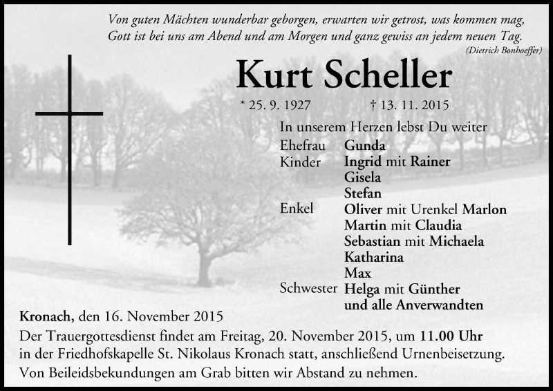  Traueranzeige für Kurt Scheller vom 16.11.2015 aus MGO