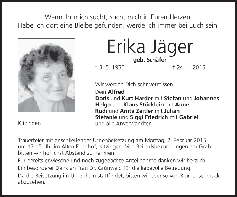  Traueranzeige für Erika Jäger vom 30.01.2015 aus MGO