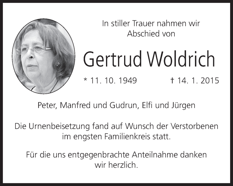  Traueranzeige für Gertrud Woldrich vom 31.01.2015 aus MGO