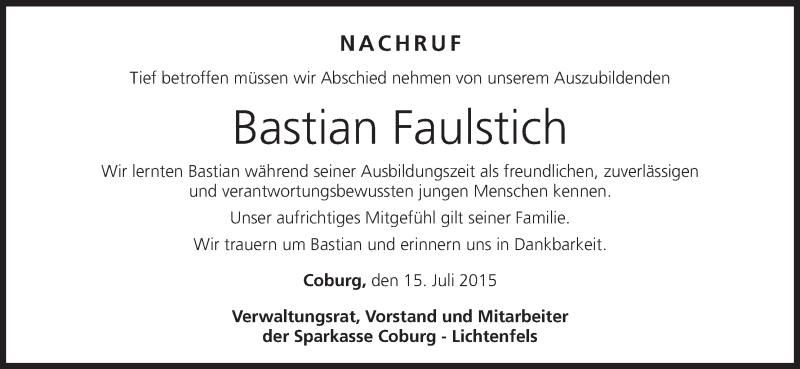  Traueranzeige für Bastian Faulstich vom 15.07.2015 aus MGO