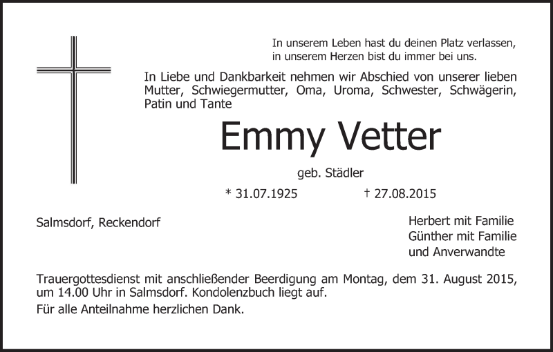  Traueranzeige für Emmy Vetter vom 29.08.2015 aus MGO