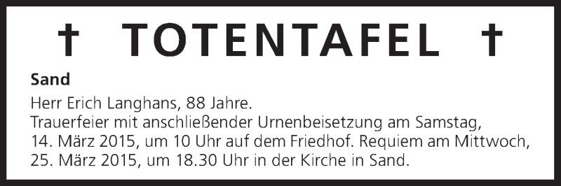  Traueranzeige für Totentafel vom 13.03.2015 vom 13.03.2015 aus MGO